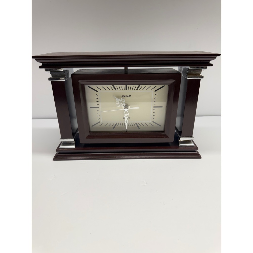 Wallace Quartz Swivel Desk Clock Picture Frame Mahogany Wood Silver Tone Trim